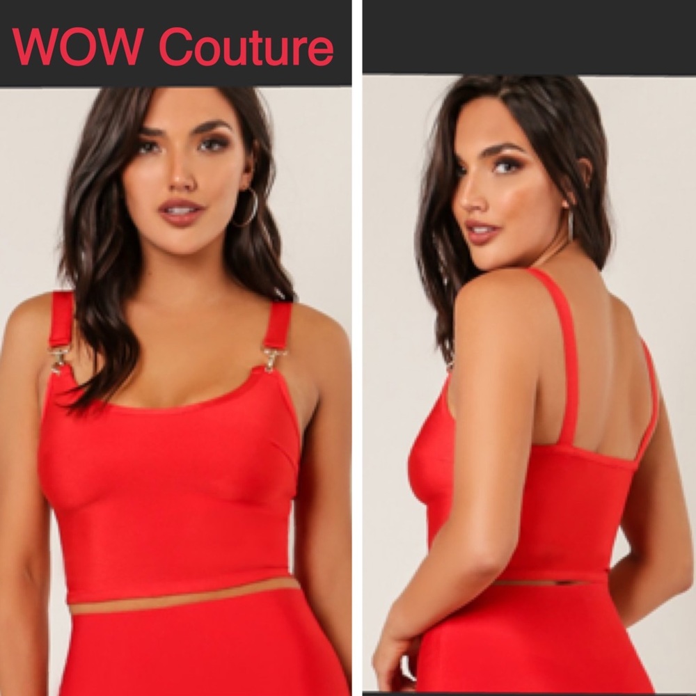 NWT M WOW Couture Red bandage crop top gold detail